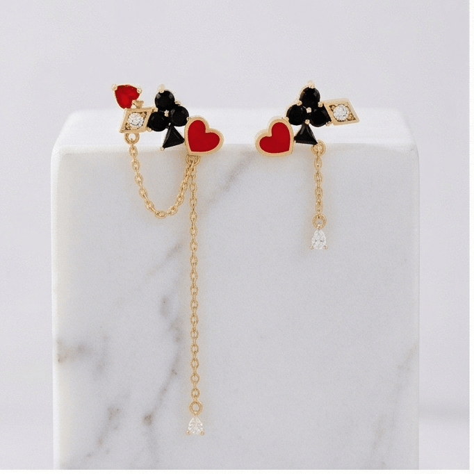 Asimetrik Oyun Kartı Figürlü Küpe Seti - Winners Jewels