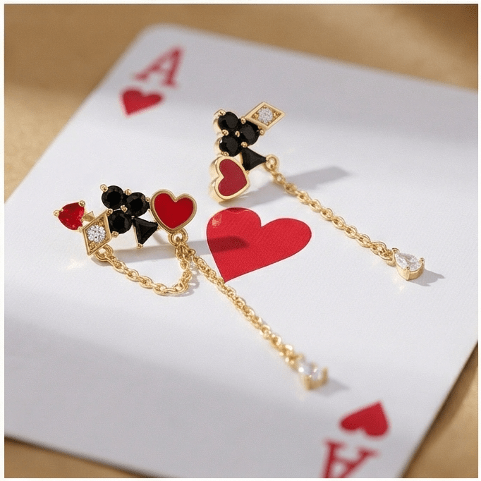 Asimetrik Oyun Kartı Figürlü Küpe Seti - Winners Jewels