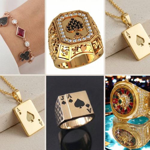Collage of gold jewelry with playing card designs on a neutral background